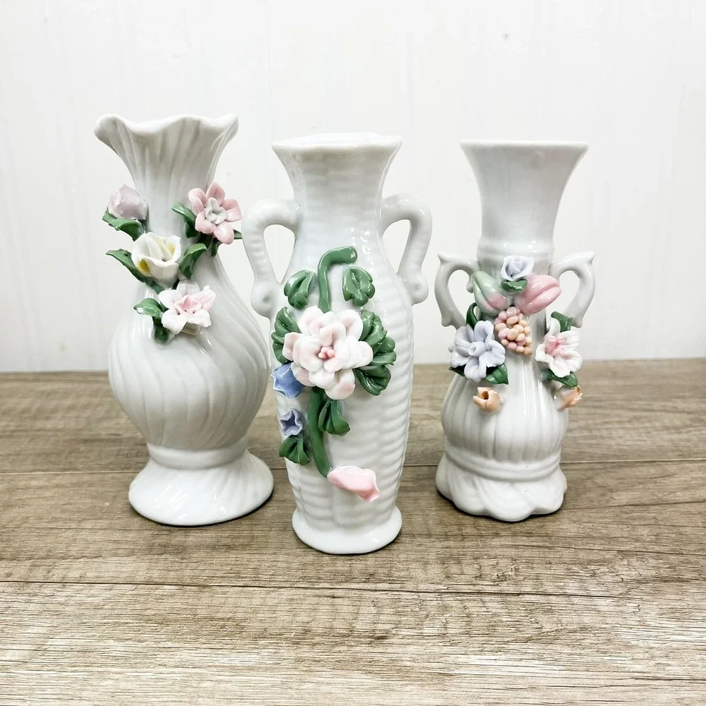Vintage White Porcelain Miniature Bud Vases Set of 3 Applied 3D Floral Accents